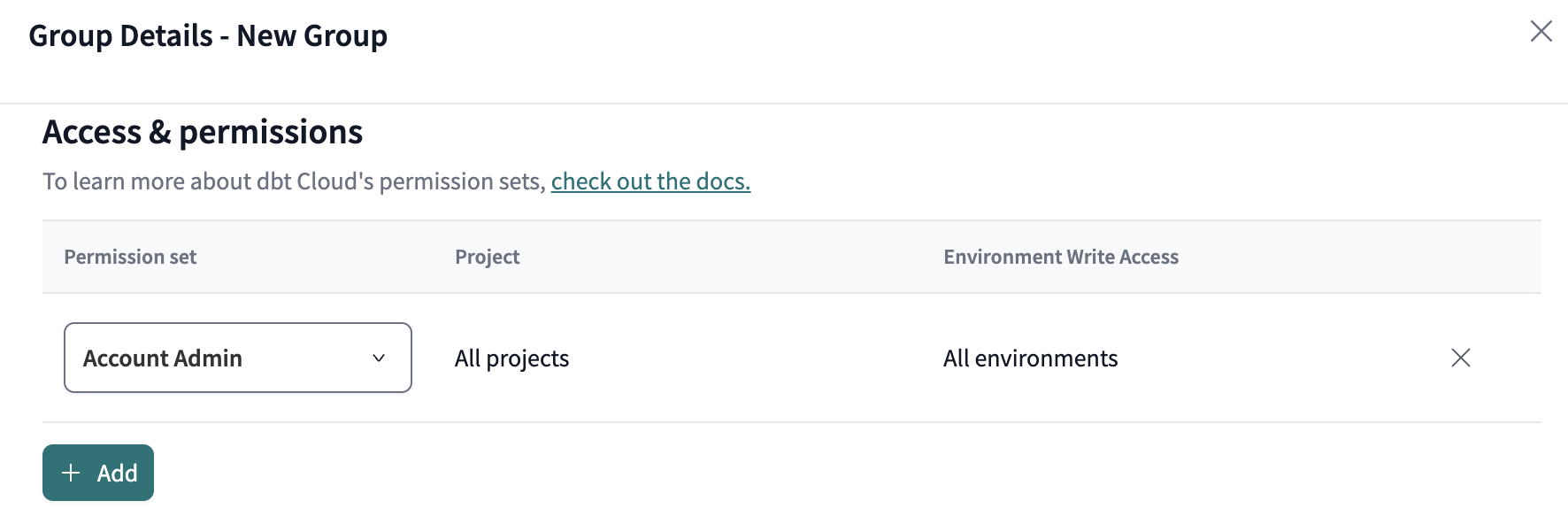 The view of the permissions box if there is no option for environment permissions.